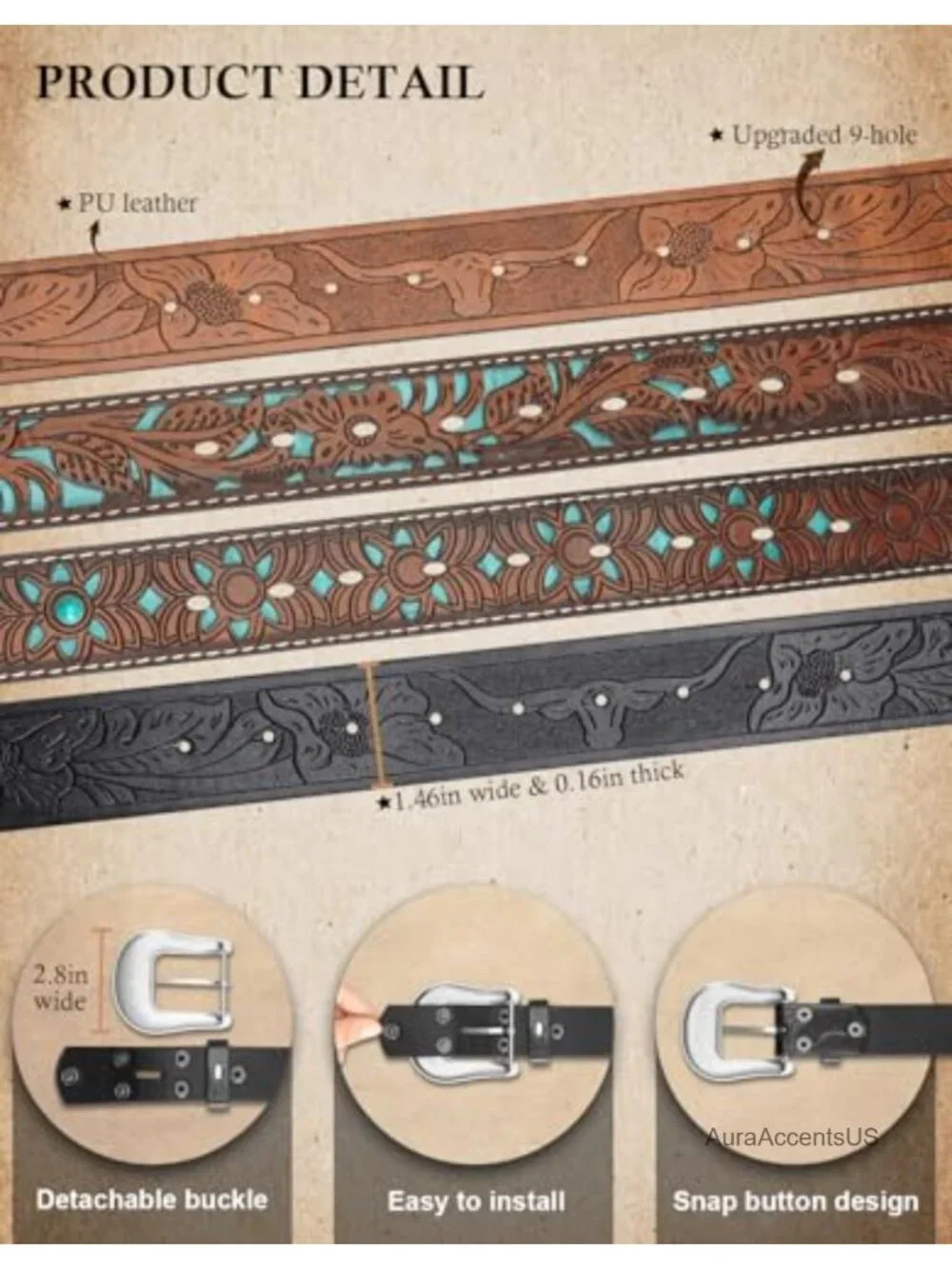 Vintage Western Belt for Women Men, PU Leather, Carved Buckle